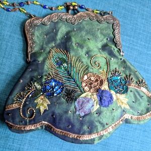 Vintage Green Satin Beaded Snap Closure Purse